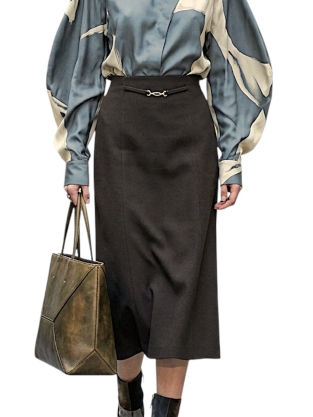 VTG 80s 90s dark brown stretch quiet luxury old money a-line belt midi skirt 10